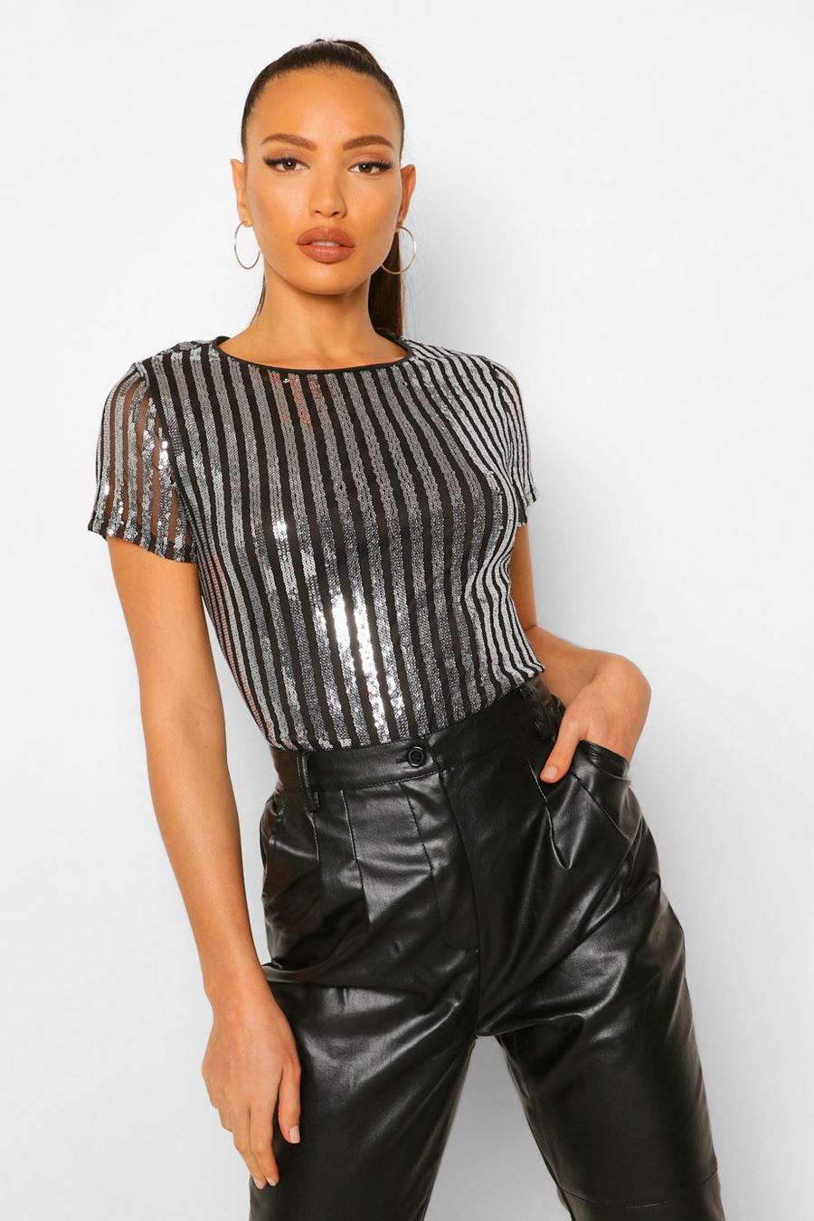 Black Tall Striped Sequin T-Shirt image number 1