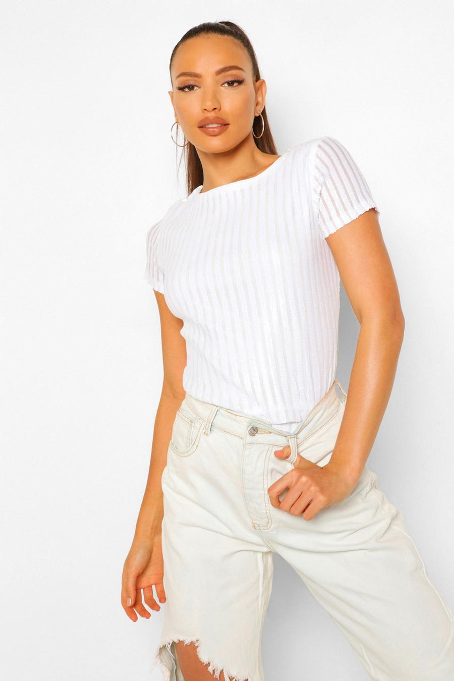 White Tall Striped Sequin T-Shirt image number 1