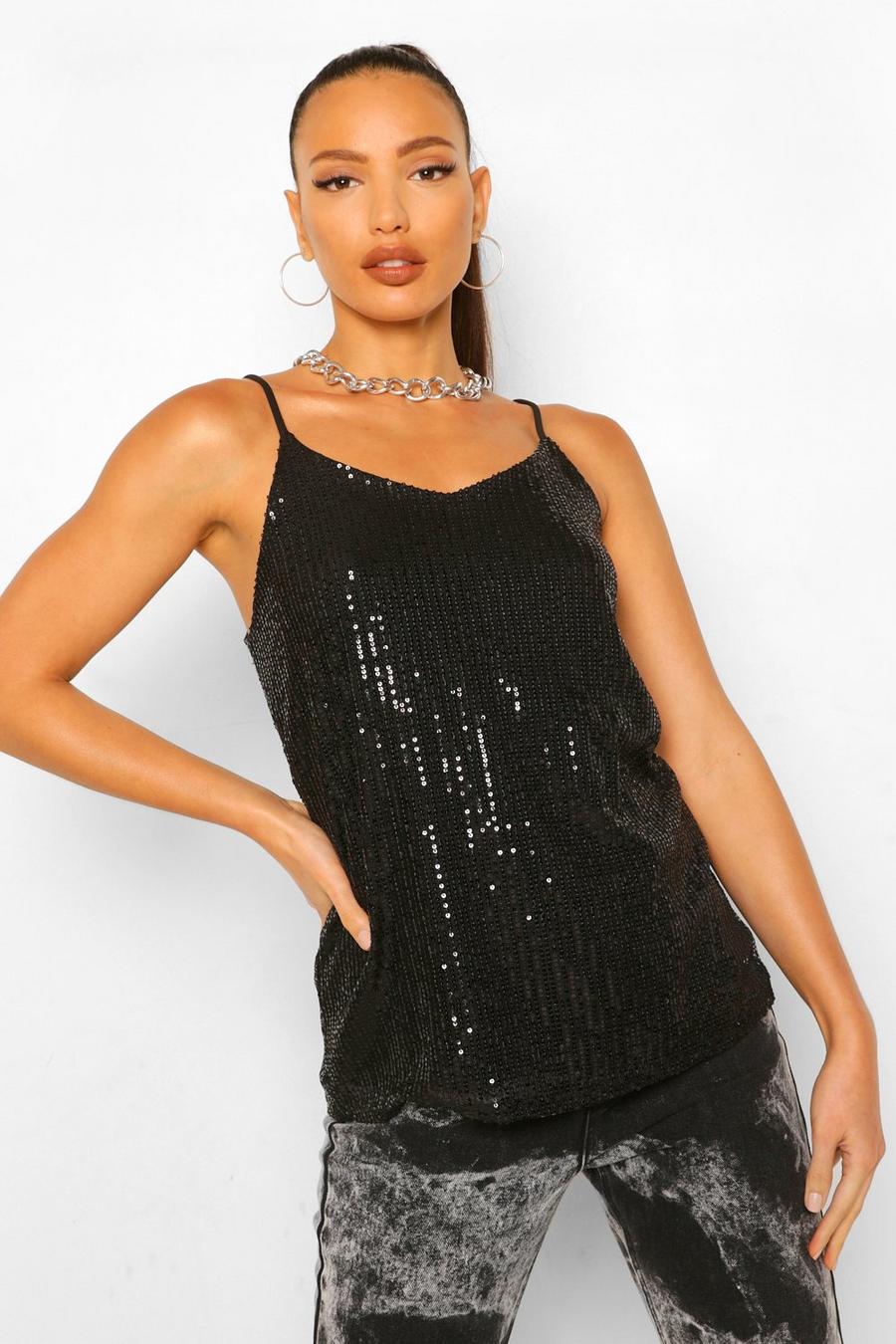 Black Tall Sequin Strappy Top image number 1