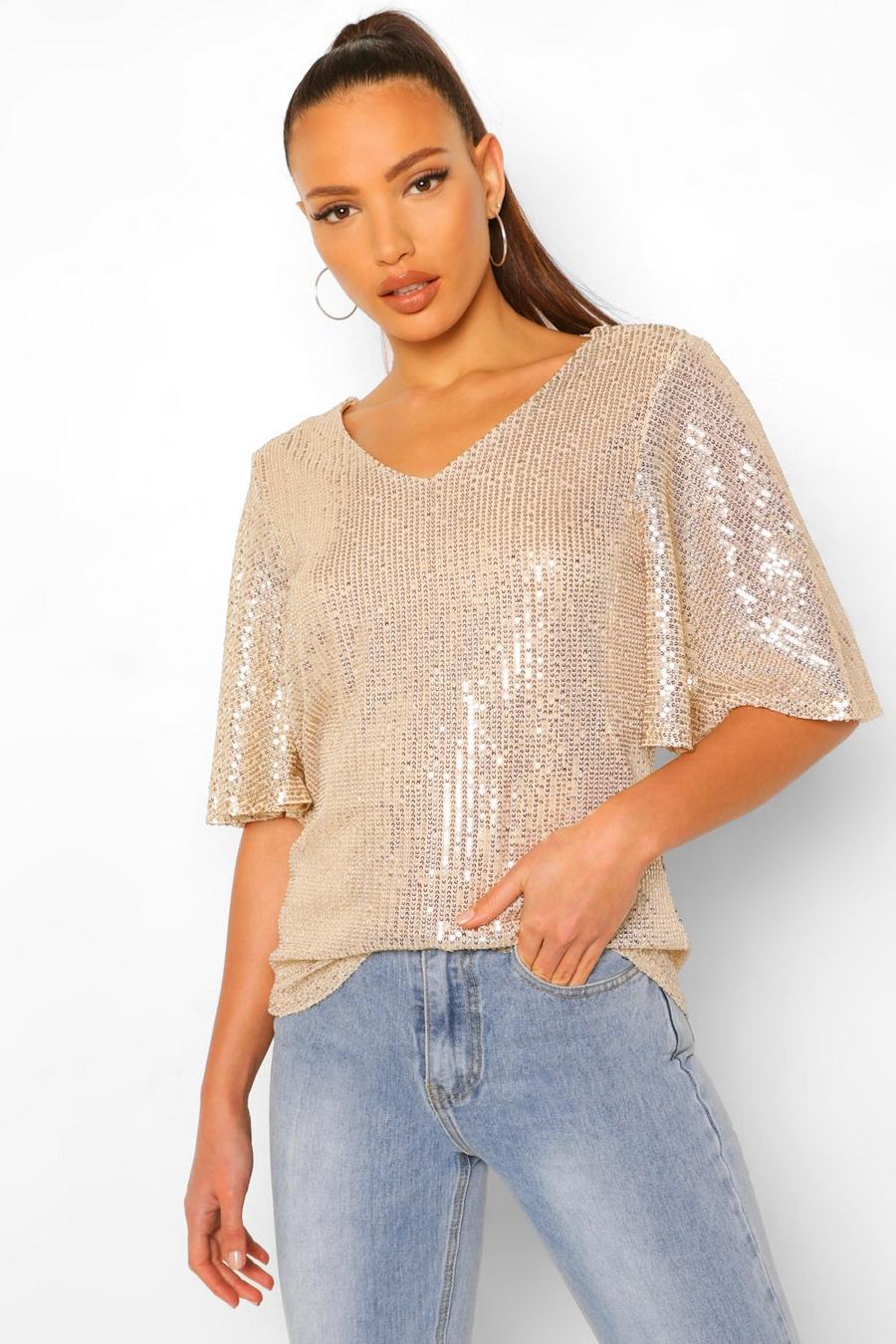 Gold Tall Sequin Angel Sleeve Top image number 1