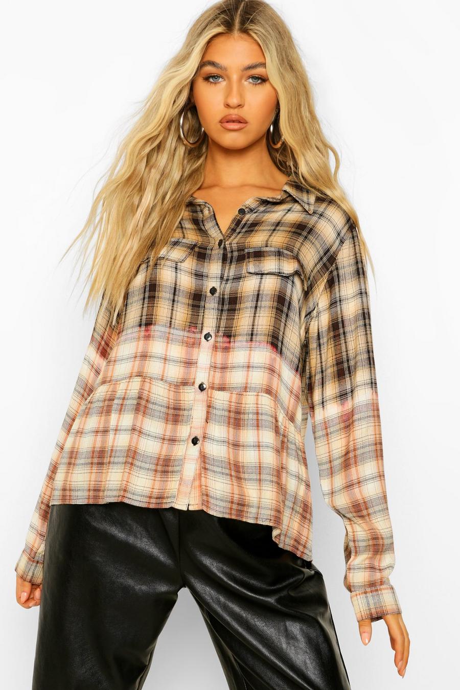 Brown Tall Woven Check Bleached Ruffle Shirt image number 1