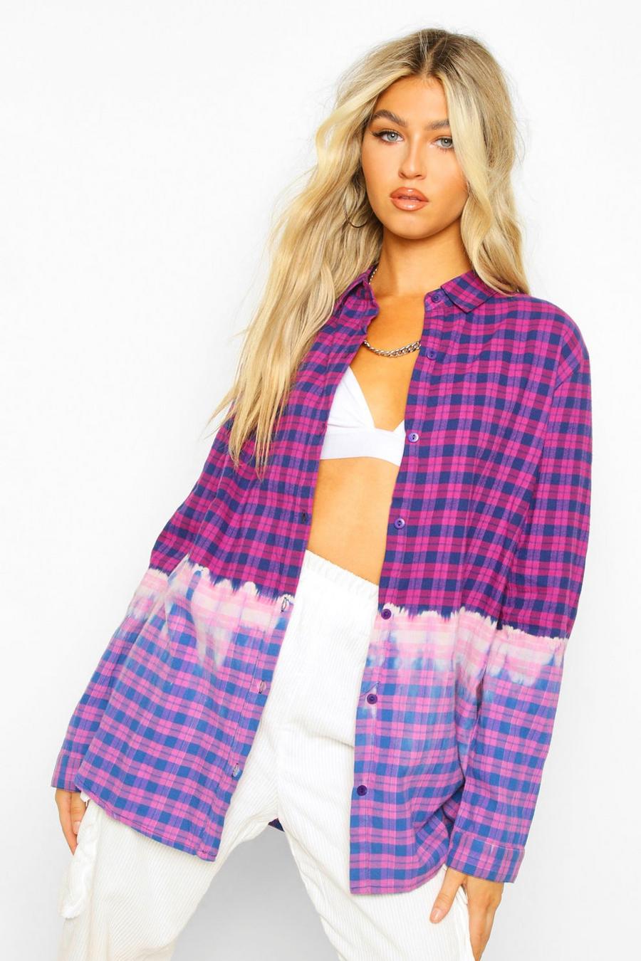 Purple Tall Brush Flannel Dip Dye Bleached Oversized Shirt image number 1