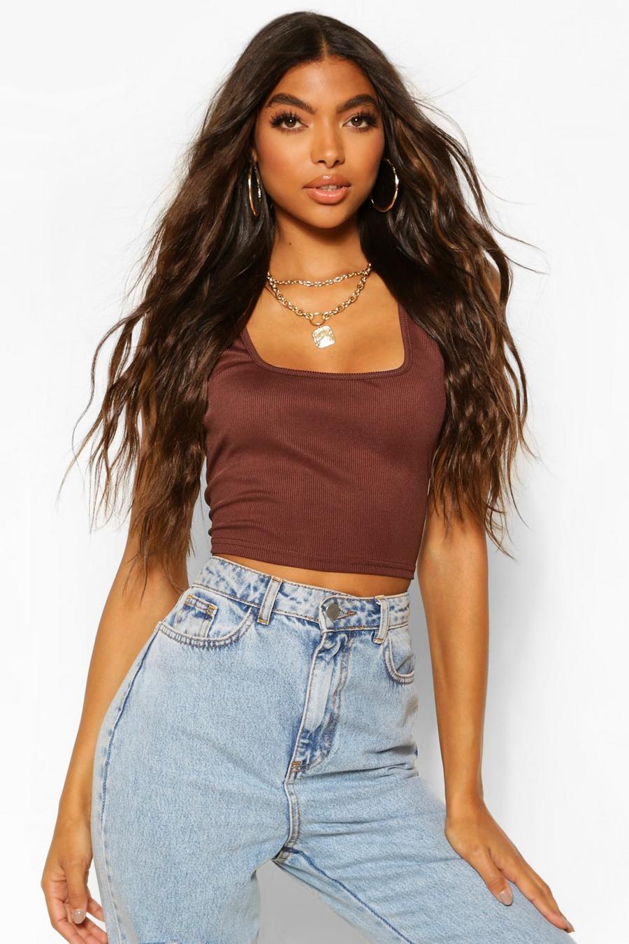 Chocolate Tall Rib Square Neck Crop Tank Top Top image number 1