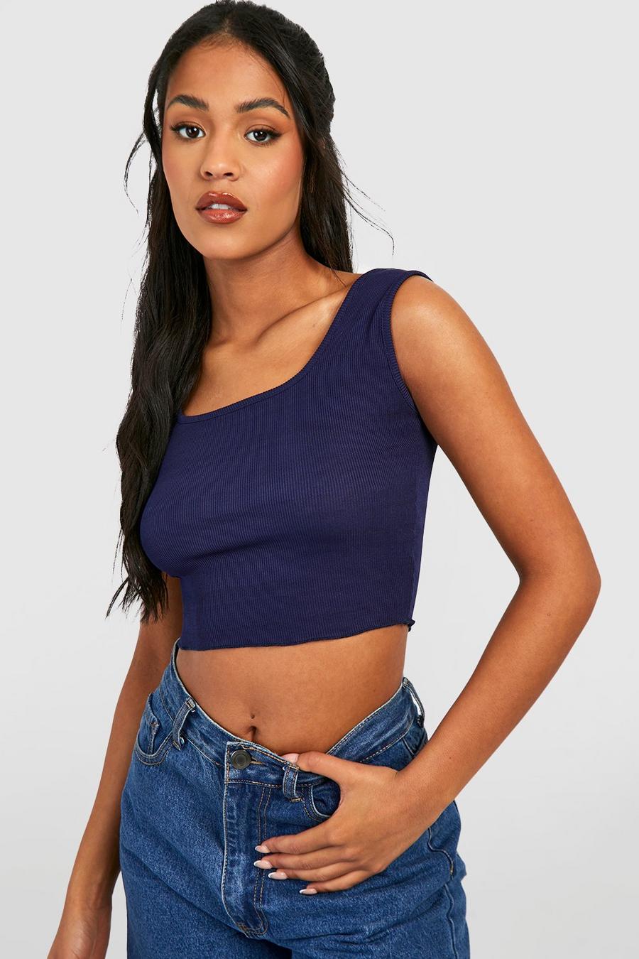 Navy Tall Rib Square Neck Crop Tank Top image number 1