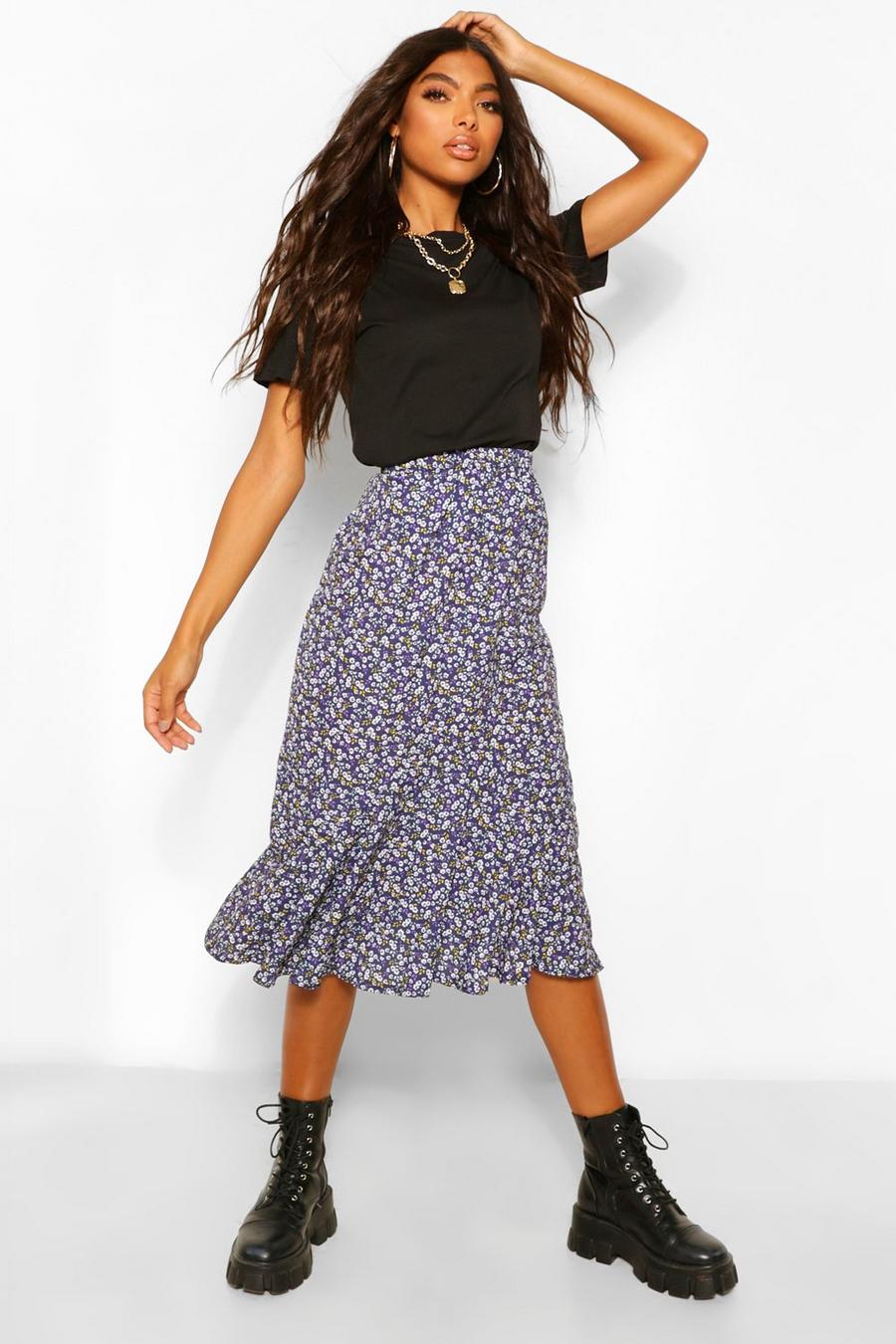 Black Tall Woven Ditsy Floral High Rise Midi Skirt image number 1