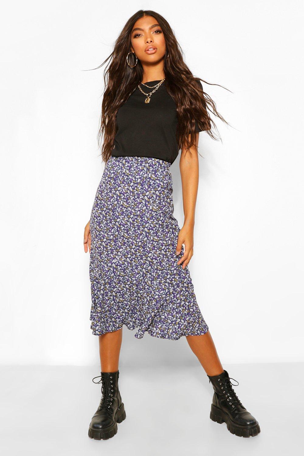 Black Ditsy Floral Pleated Midi Skirt | vlr.eng.br