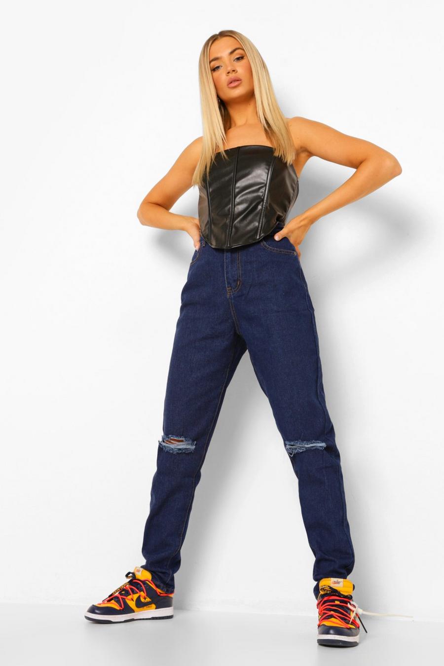 כחול כהה ג'ינס בגזרת מאם Ripped עם חפתים מקופלים לנשים גבוהות image number 1