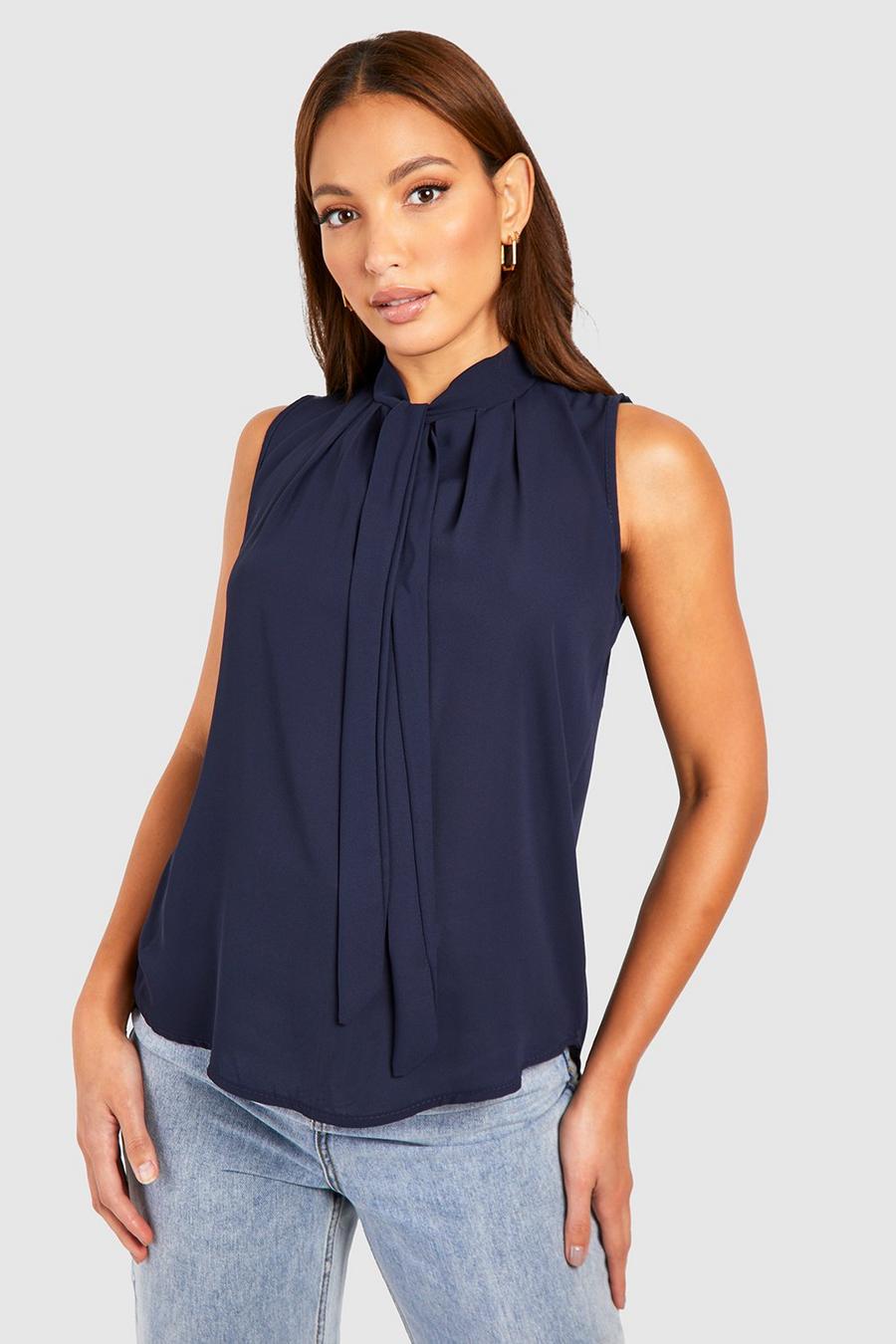 Navy blu oltremare Tall Pussybow Sleeveless Blouse