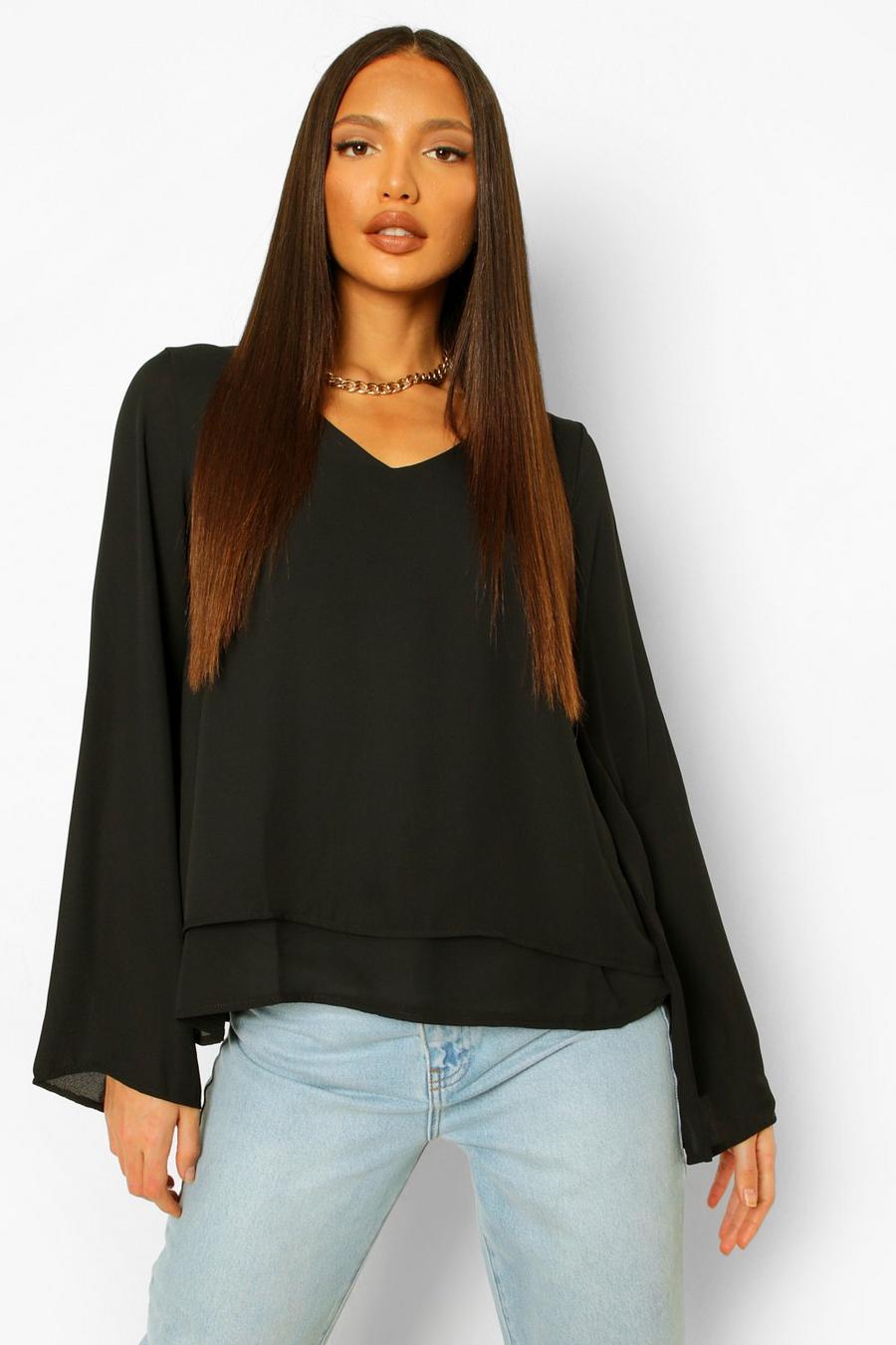 Black Tall Double Layer V-Neck Swing Blouse image number 1