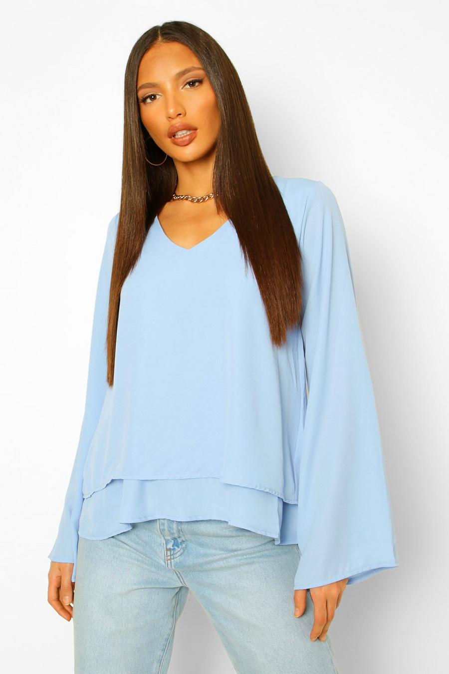 Blue Tall Double Layer V-Neck Swing Blouse image number 1