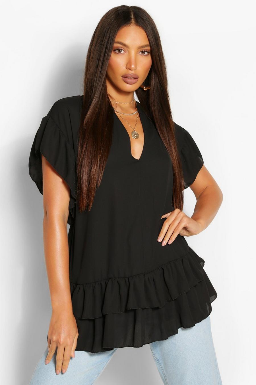 Black Tall V-Neck Ruffle Woven Smock Top image number 1