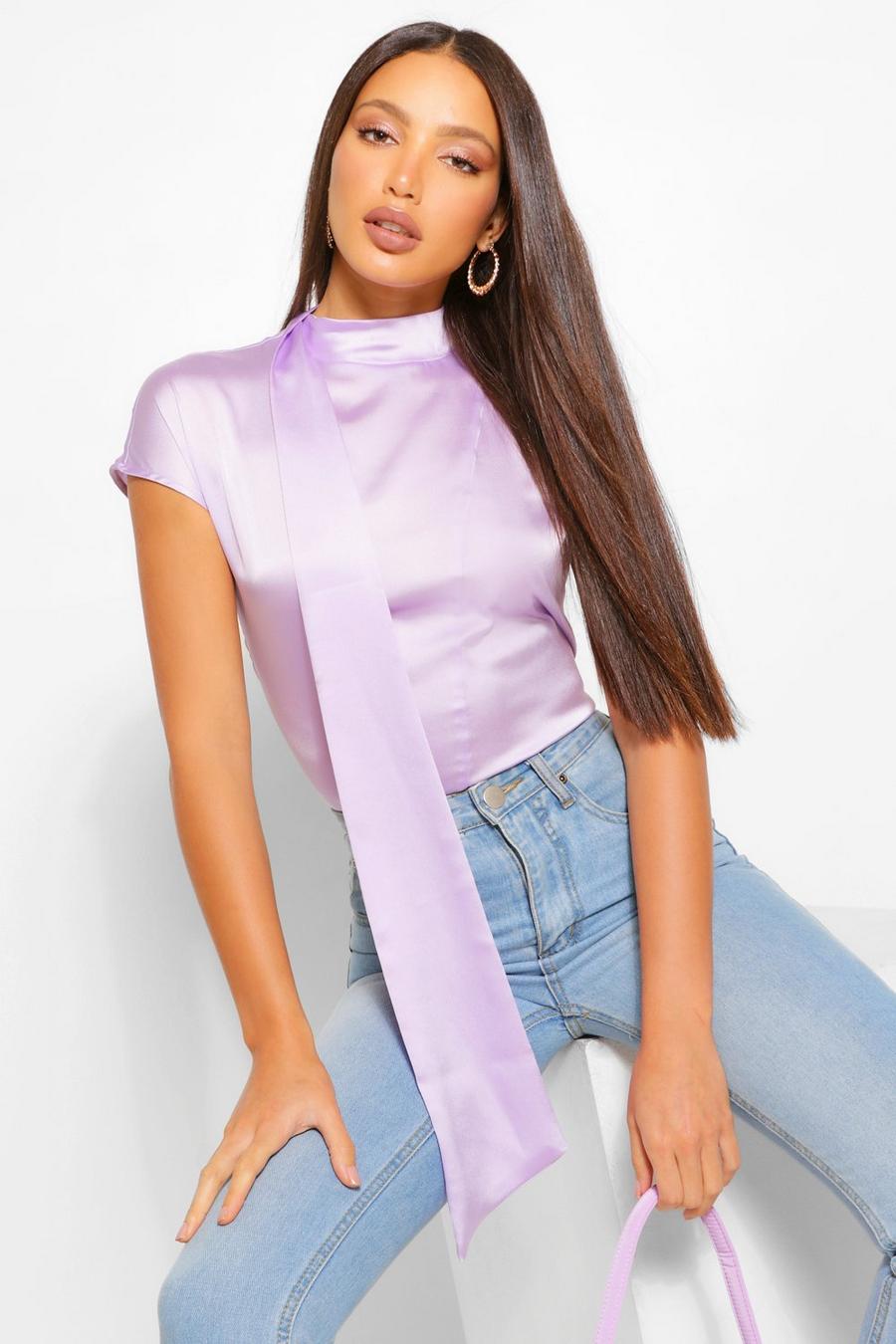 Lilac Tall Satin High Neck Detail Blouse image number 1
