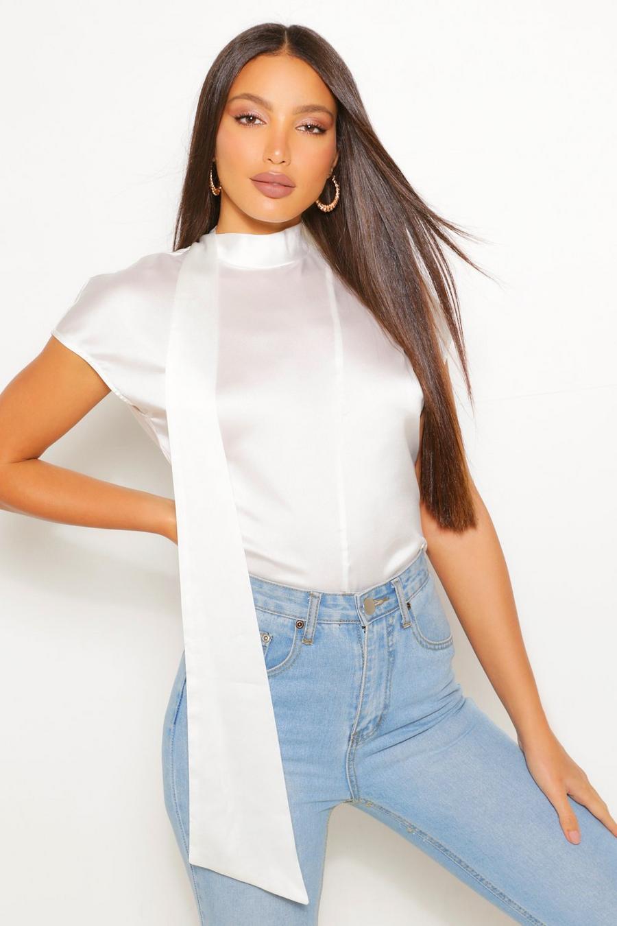 White Tall Satin High Neck Detail Blouse image number 1