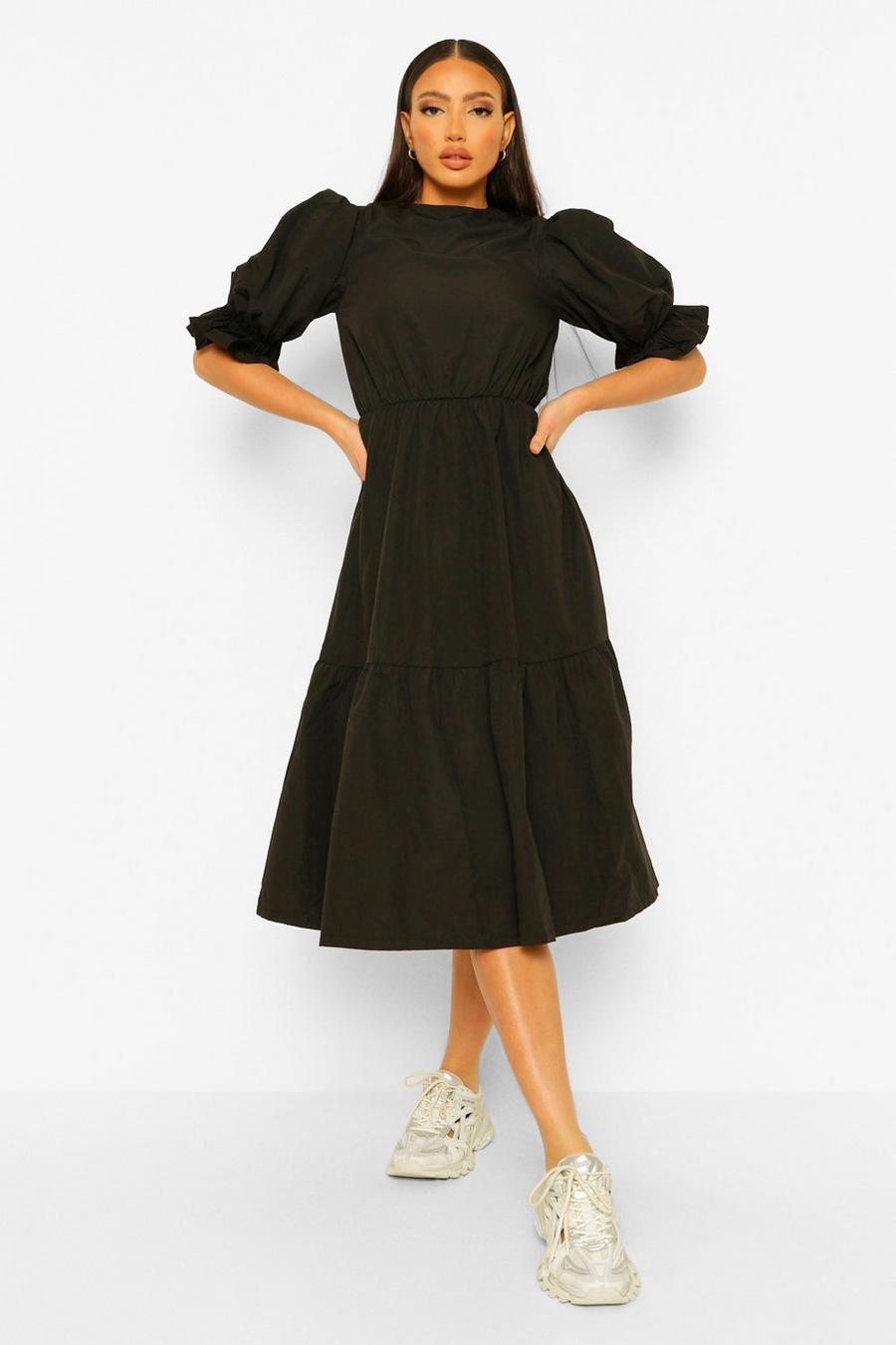 Black Tall Woven Puff Sleeve Tiered Poplin Smock Dress image number 1