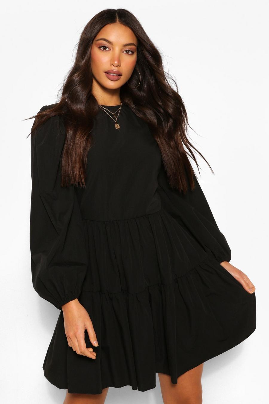 Black Tall Woven Puff Sleeve Tiered Poplin Smock Dress image number 1