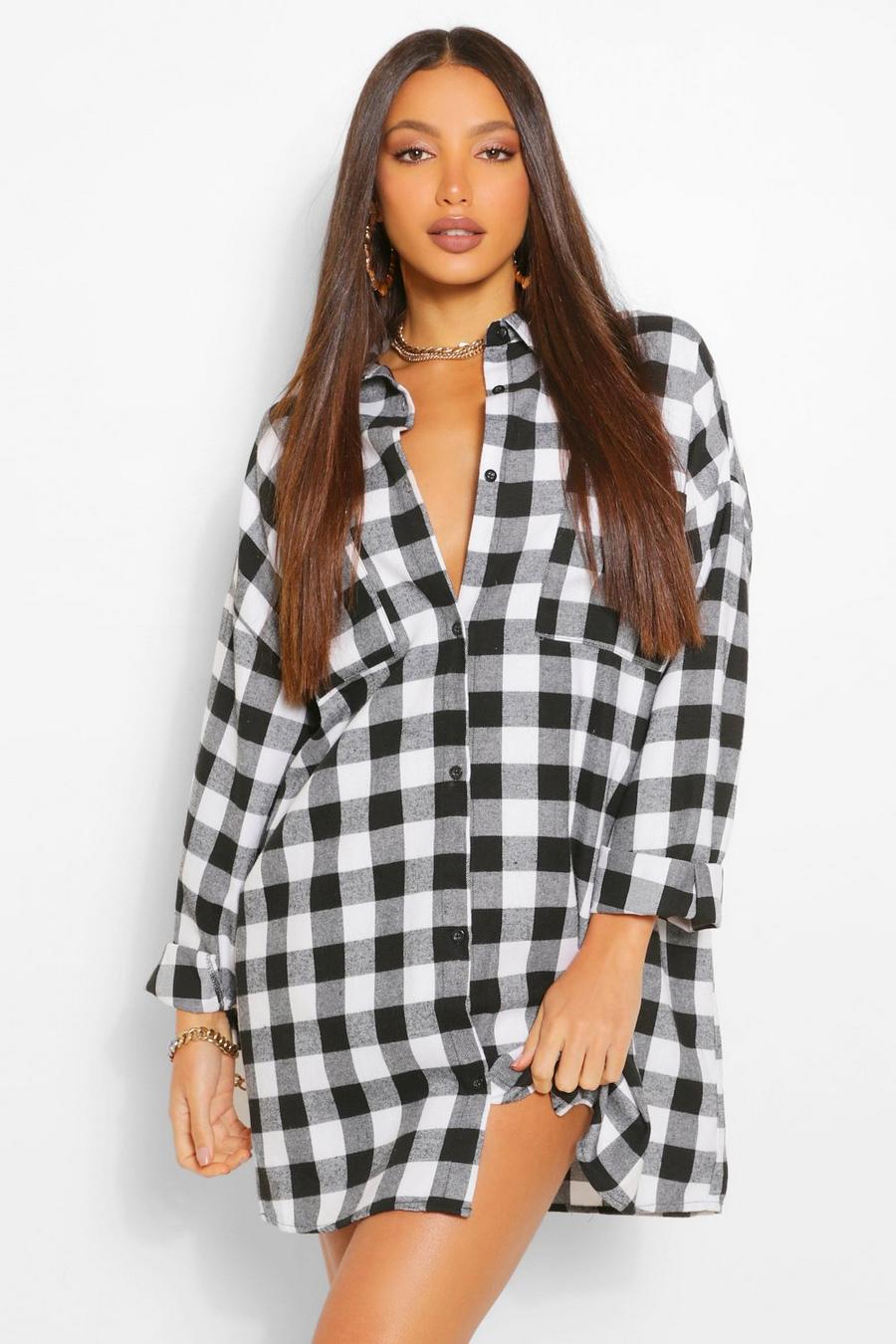 Black Tall Oversized Check Shirt Dress image number 1