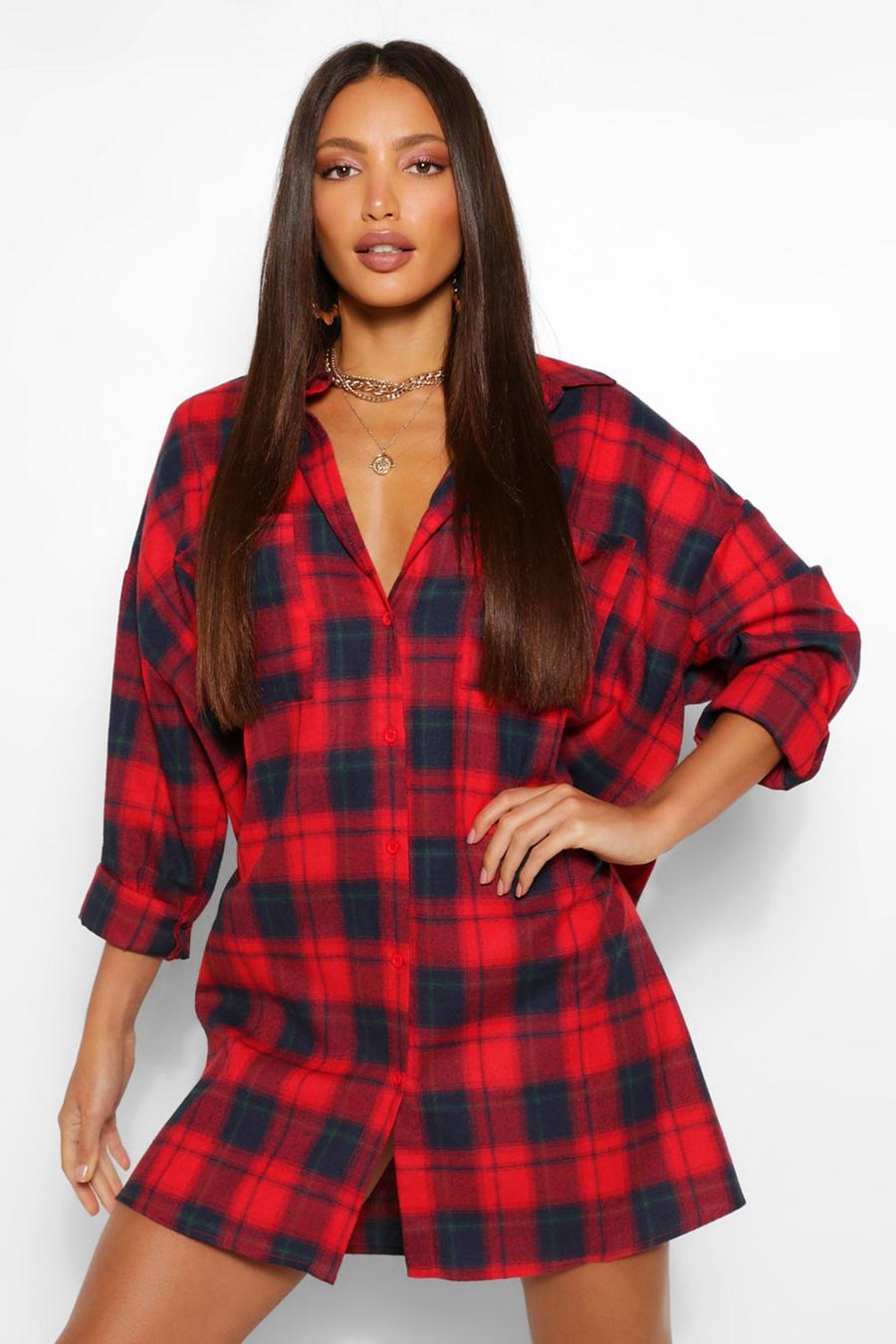 Red Tall Oversized Check Shirt Dress image number 1