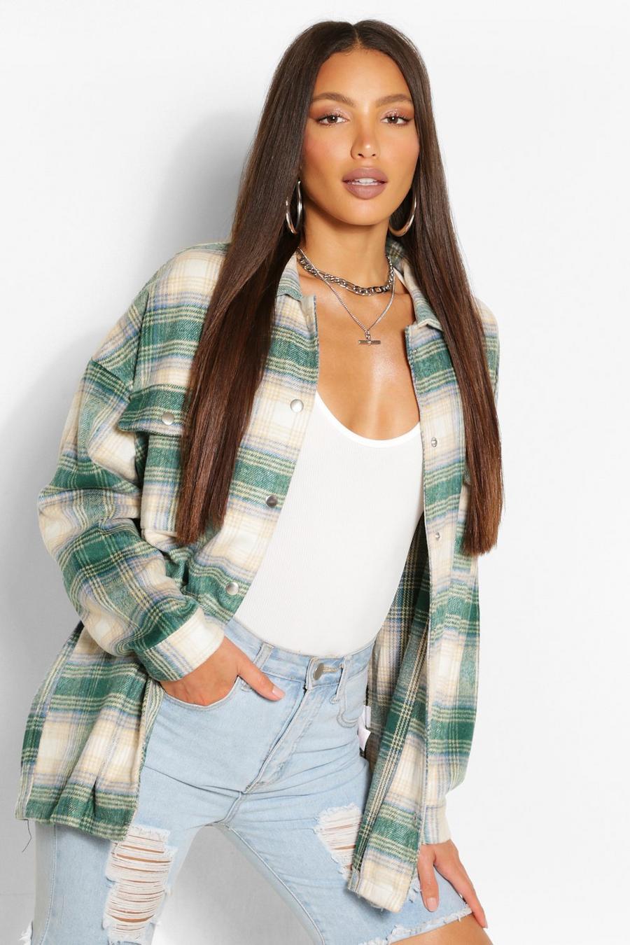 Green Tall Brushed Cotton Oversized Check Shacket image number 1