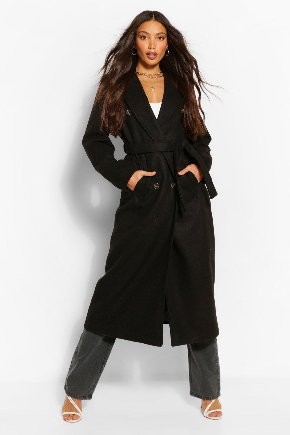 Women s Tall Double Breasted Wool Look Longline Coat Boohoo UK