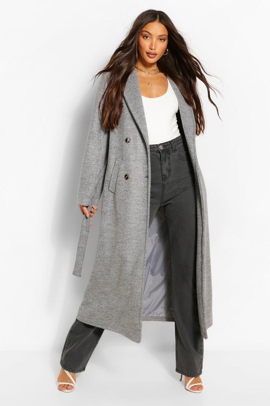 Grey Tall Double Breasted Wool Look Longline Coat image number 1
