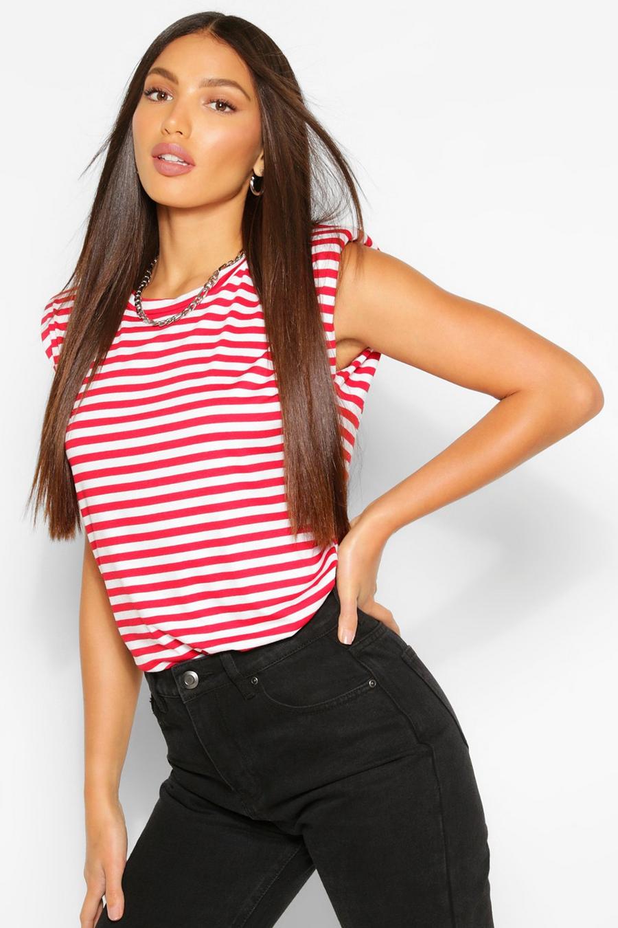 Red Tall Stripe Shoulder Pad Jersey T-Shirt image number 1