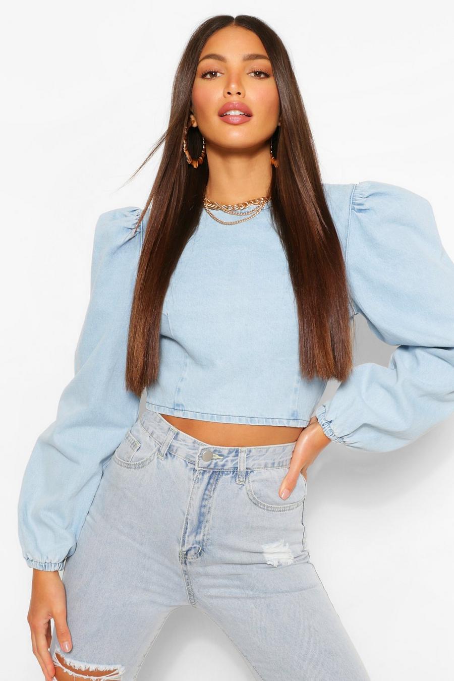 Mid blue Tall Denim Puff Sleeve Crop Top image number 1