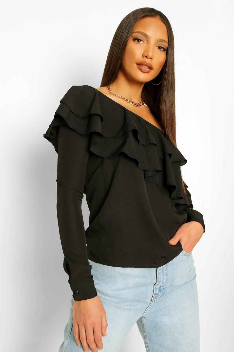 Black Tall Woven Ruffle One Shoulder Top image number 1
