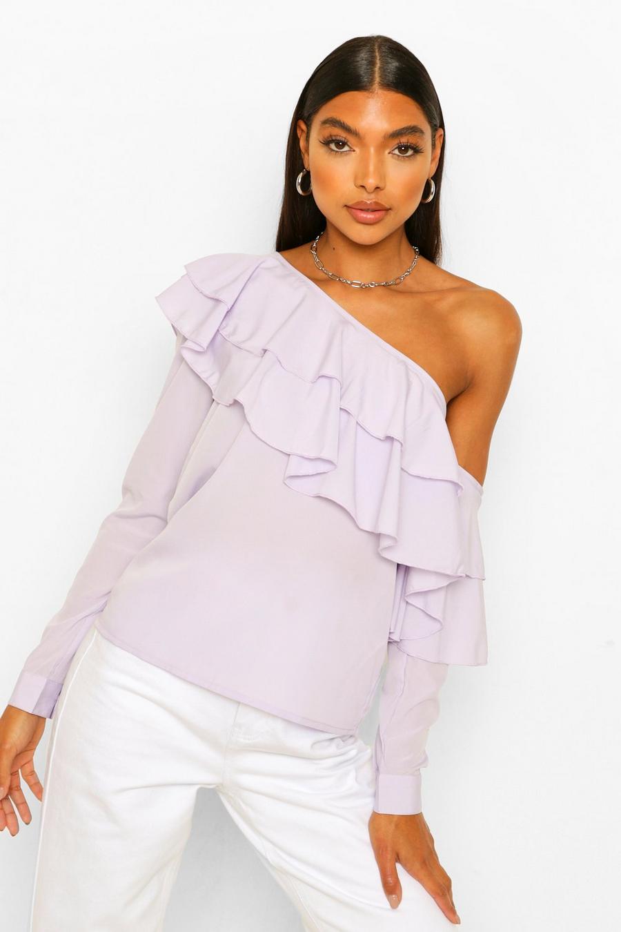 Lilac Tall Woven Ruffle One Shoulder Top image number 1