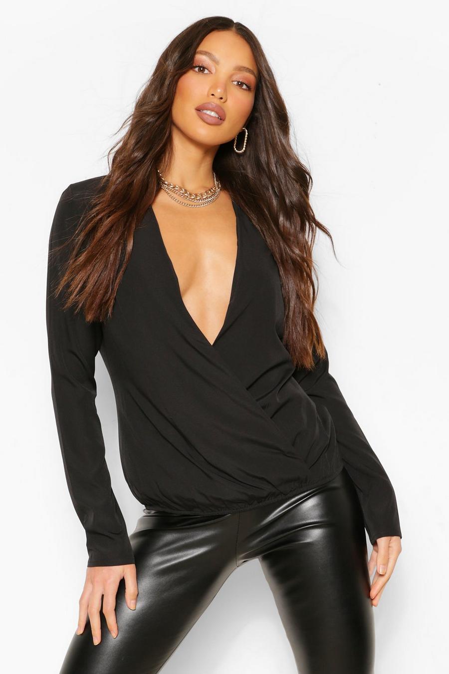 Black Tall Woven V-Neck Wrap Front Blouse image number 1