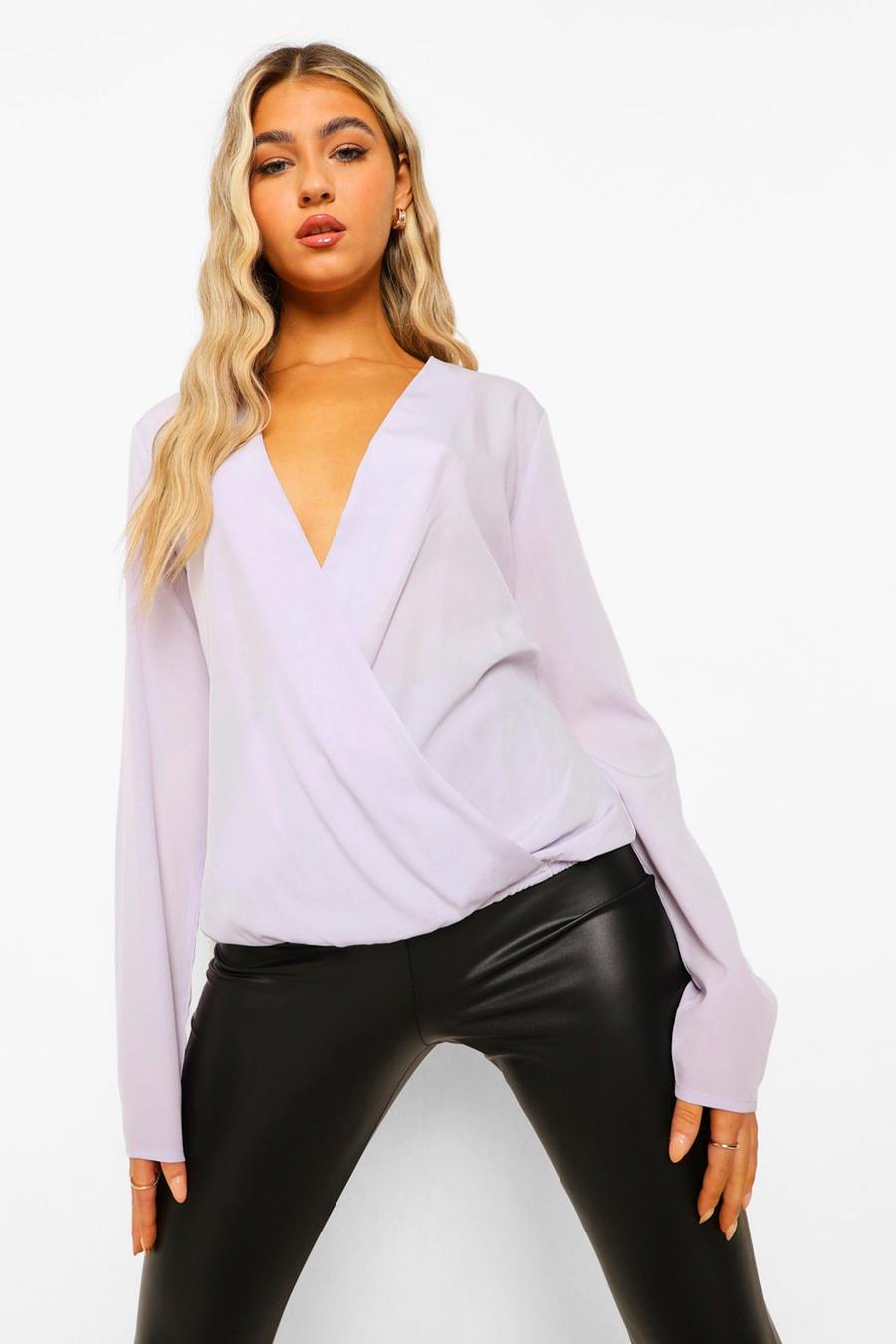 Lilac Tall Woven V-Neck Wrap Front Blouse image number 1