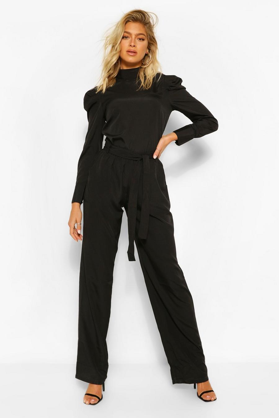 Black Tall Woven Tie Waist Wide Leg Trousers image number 1
