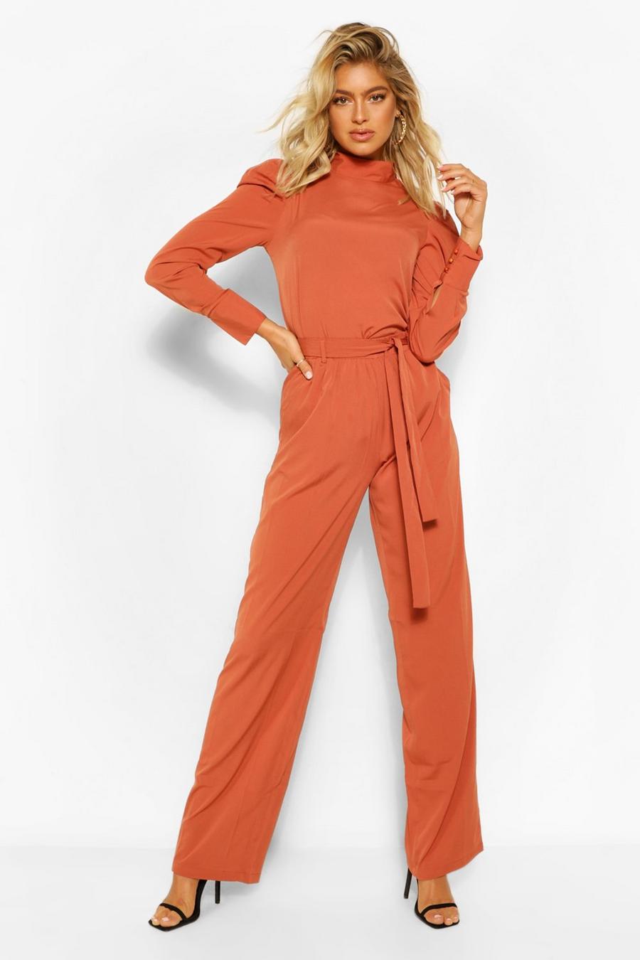 Terracotta Tall Woven Tie Waist Wide Leg Trousers image number 1