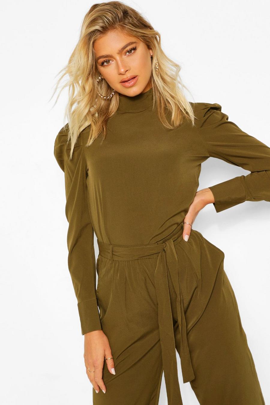 Khaki Tall Woven Puff Sleeve Blouse image number 1