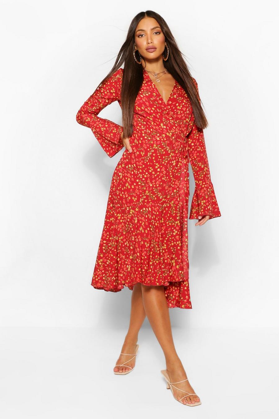 Red Tall Floral Print Wrap Midi Dress