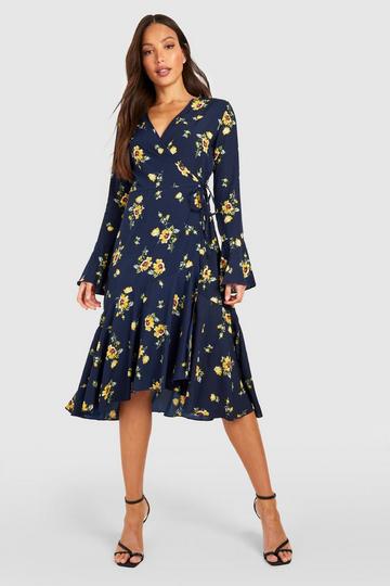 Tall Floral Print Wrap Midi Dress navy