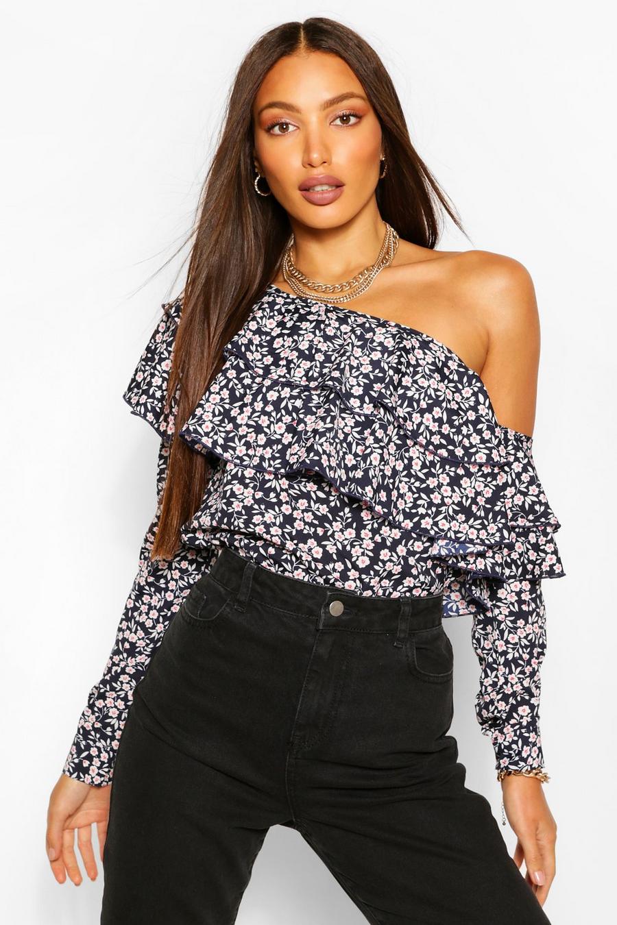 Black Tall Floral Print Ruffle One Shoulder Top image number 1