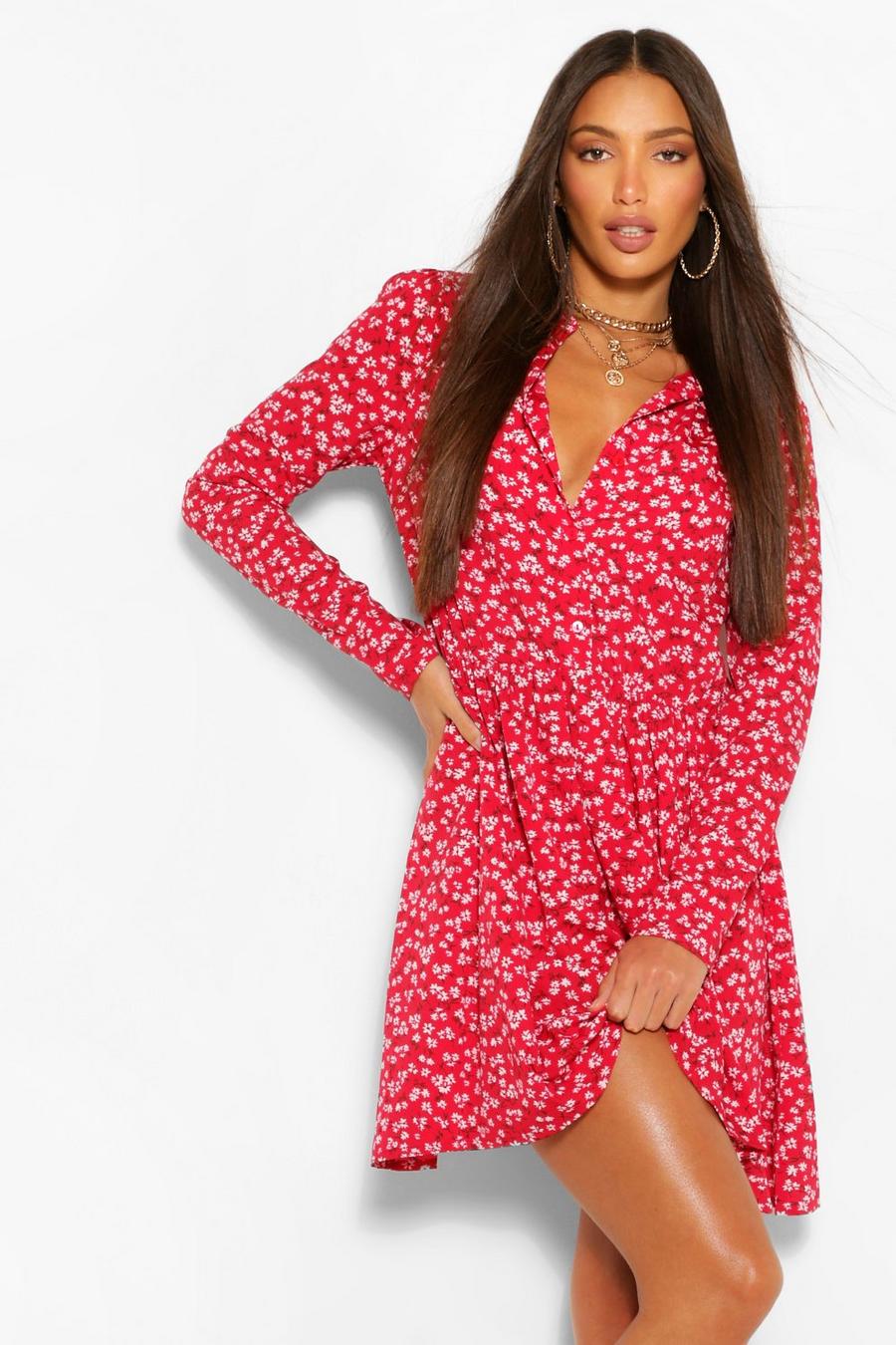 Red Tall Ditsy Floral Skater Shirt Dress image number 1