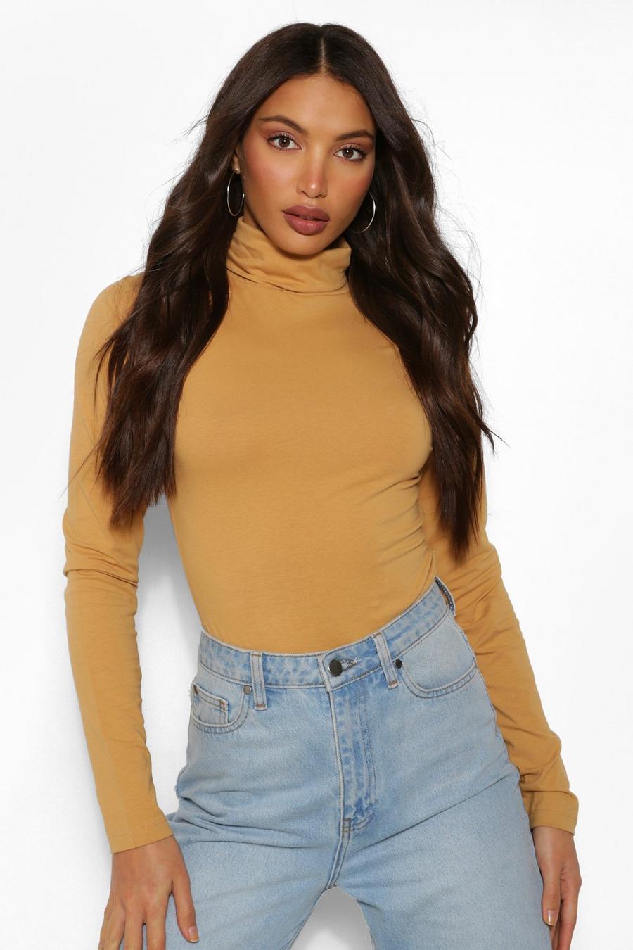 Oatmeal Tall Basic Cotton Roll Neck Long Sleeve Bodysuit image number 1