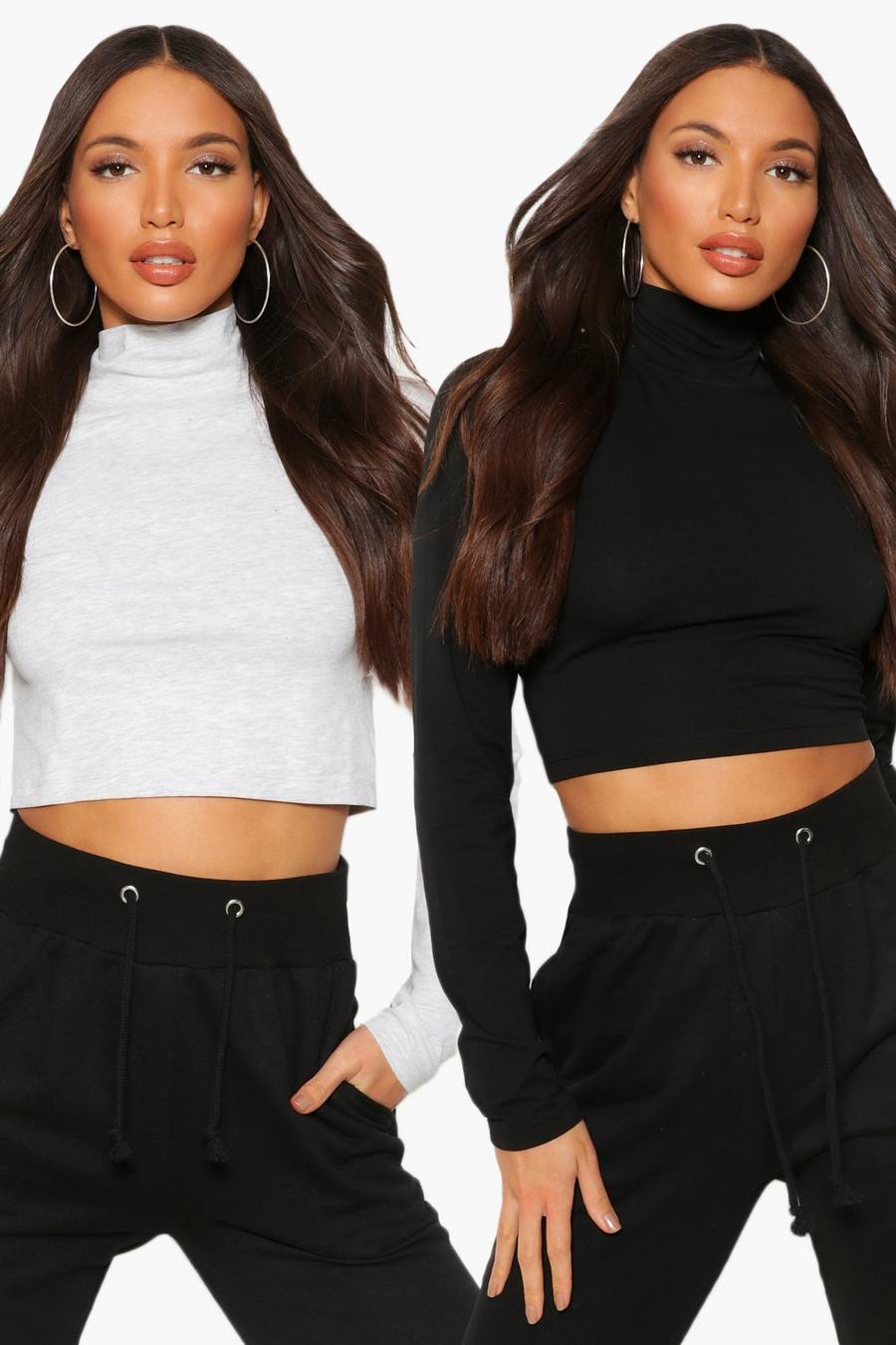Multi Tall Basic Cotton 2 Pack High Neck Crop Top Set image number 1