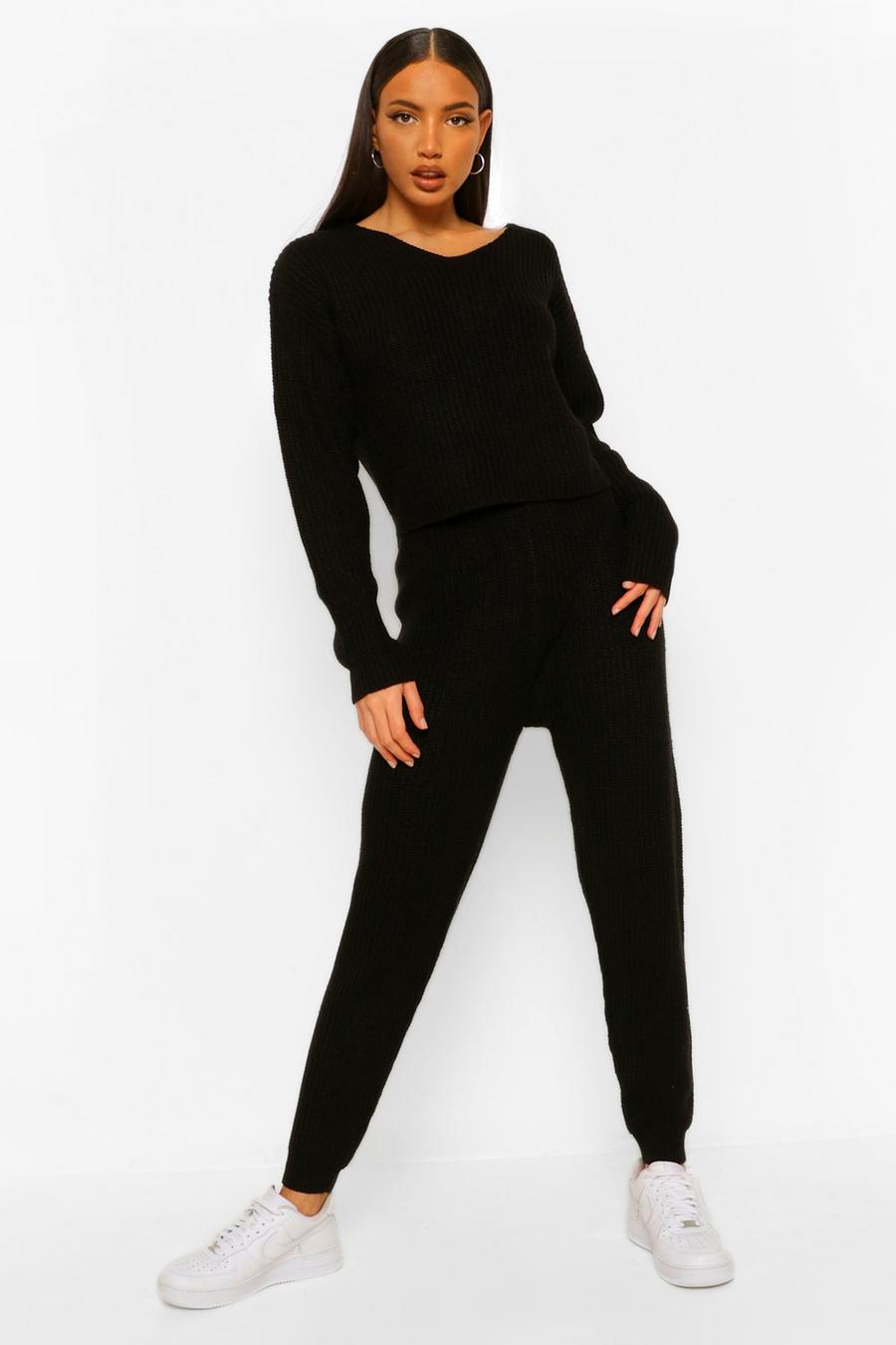 Black Tall V-Neck Sweater And Jogger Loungewear Set image number 1