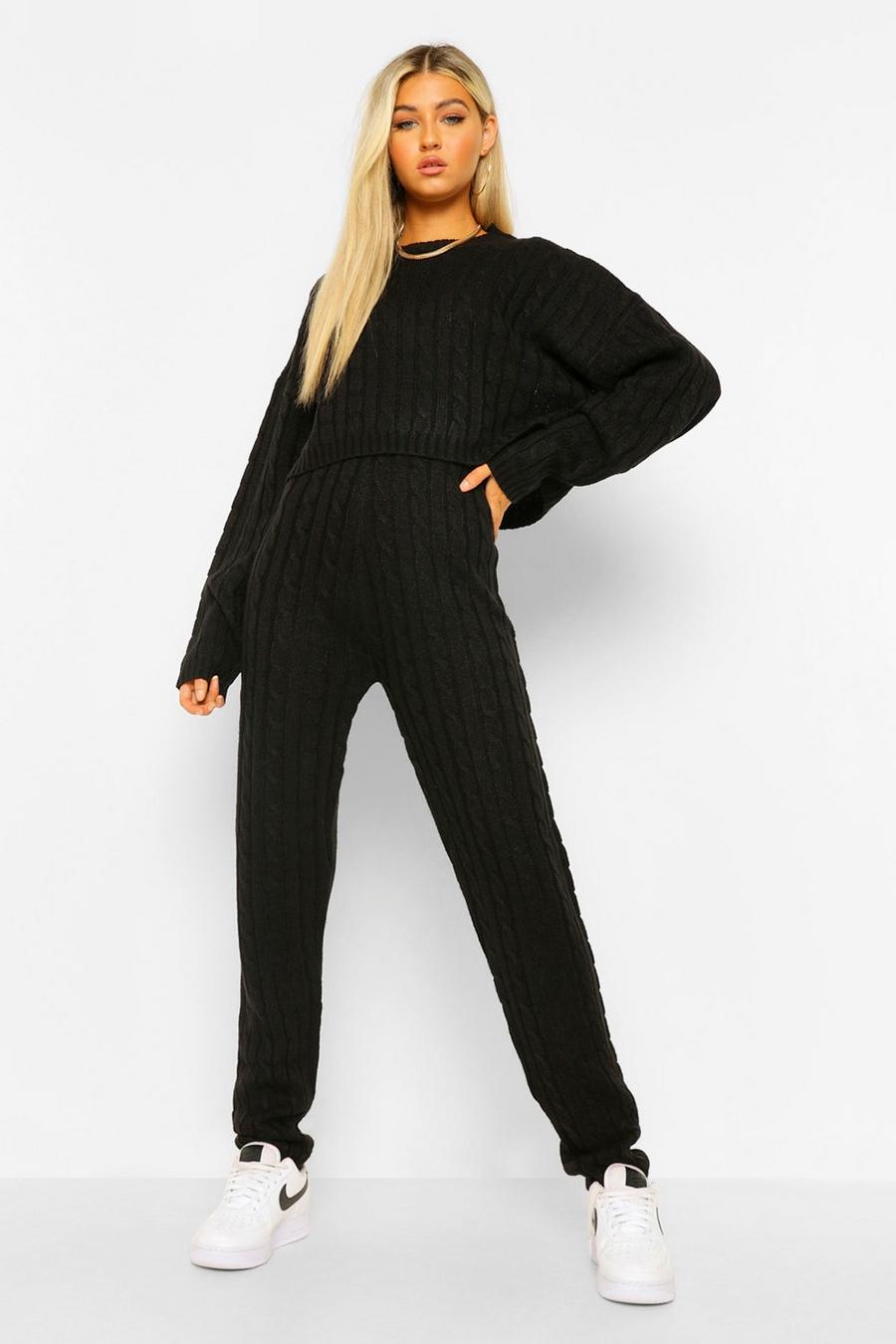 Black Tall Cable Knit Top & Jogger Loungewear Set image number 1
