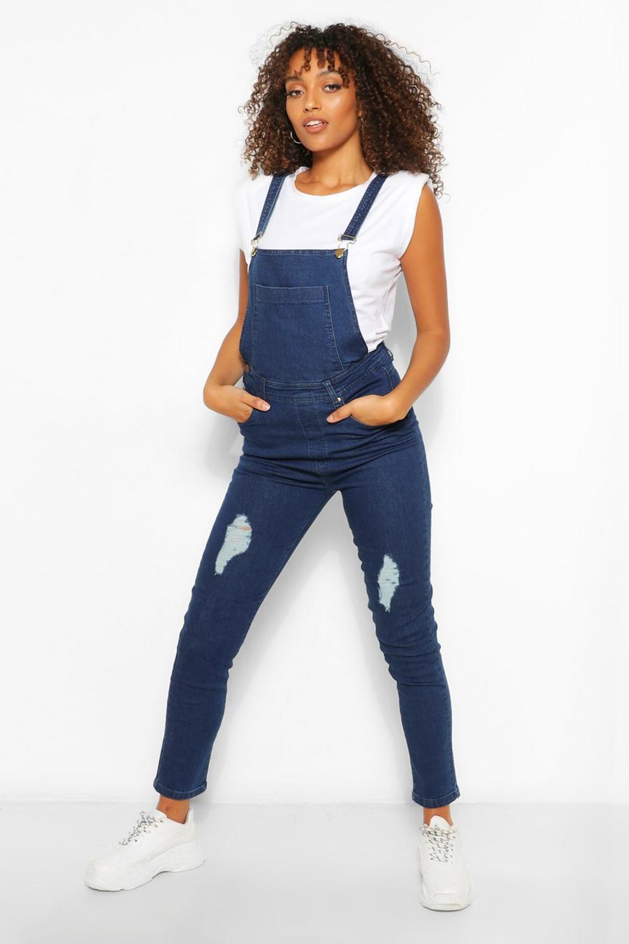 כחול סרבל בגזרה צרה מבד ג'ינס עם קרעים לנשים גבוהות image number 1