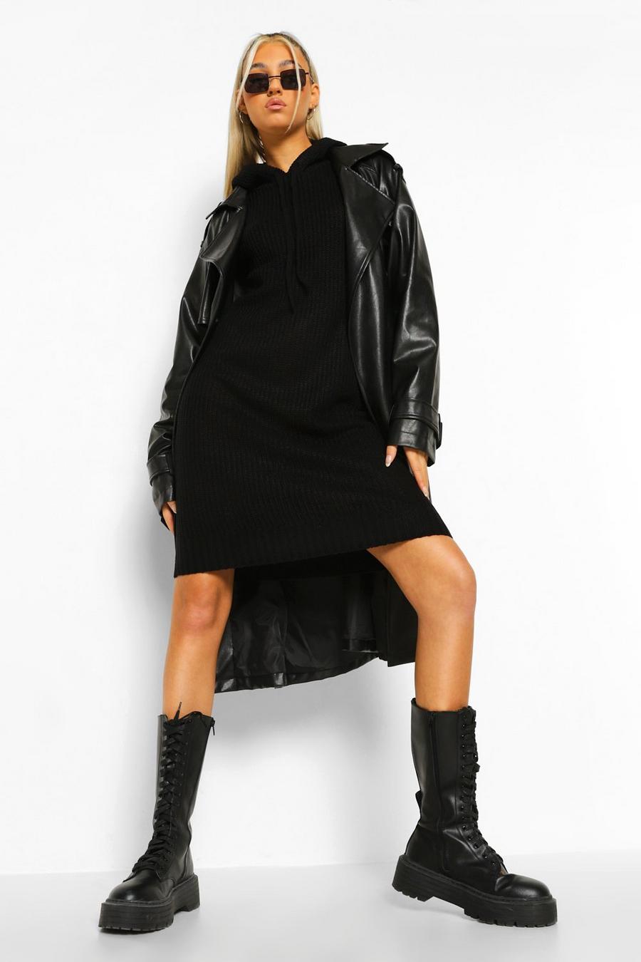Black Tall Knitted Hooded Sweatshirt Dress image number 1