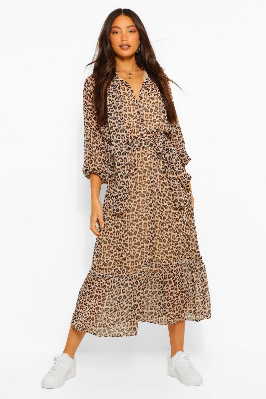 Brown Tall Woven Leopard Balloon Sleeve Midi Dress image number 1