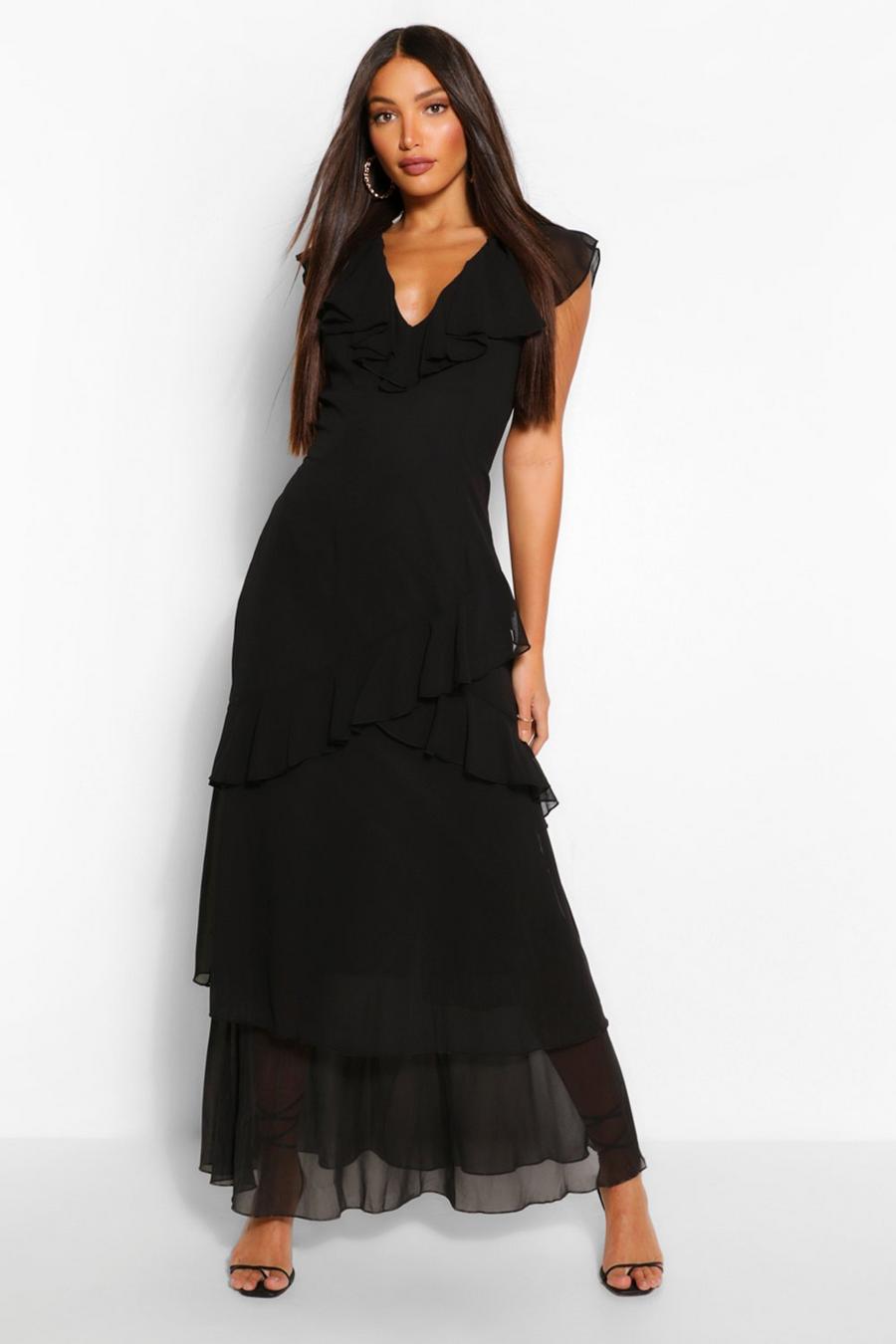 Black Tall Woven Plunge Ruffle Maxi Dress image number 1