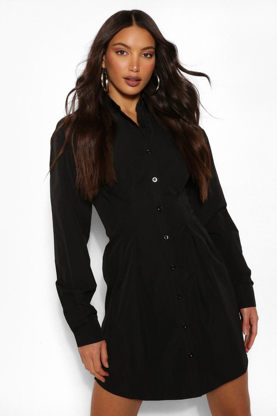Black Tall Button Down Pleated Woven Shirt Dress image number 1