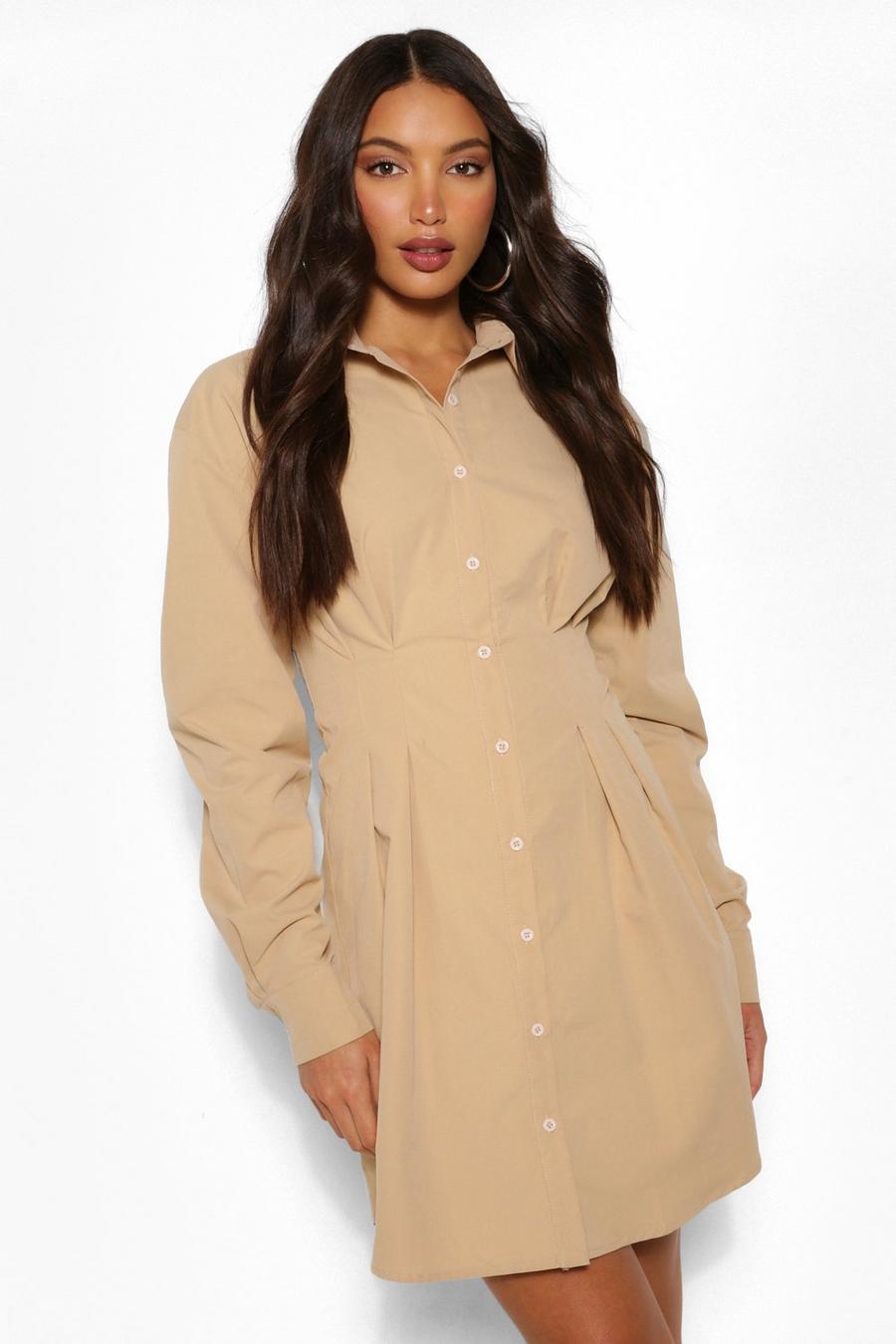 Sand beige Tall Button Down Pleated Woven Shirt Dress image number 1