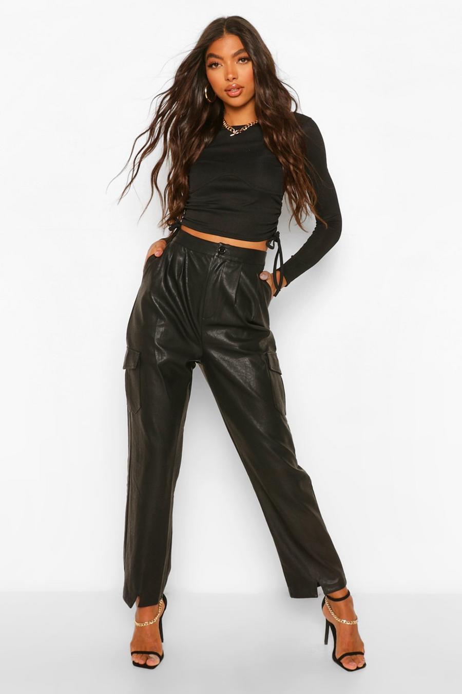 Black Tall Leather Look Split Front Slim Fit Trousers image number 1