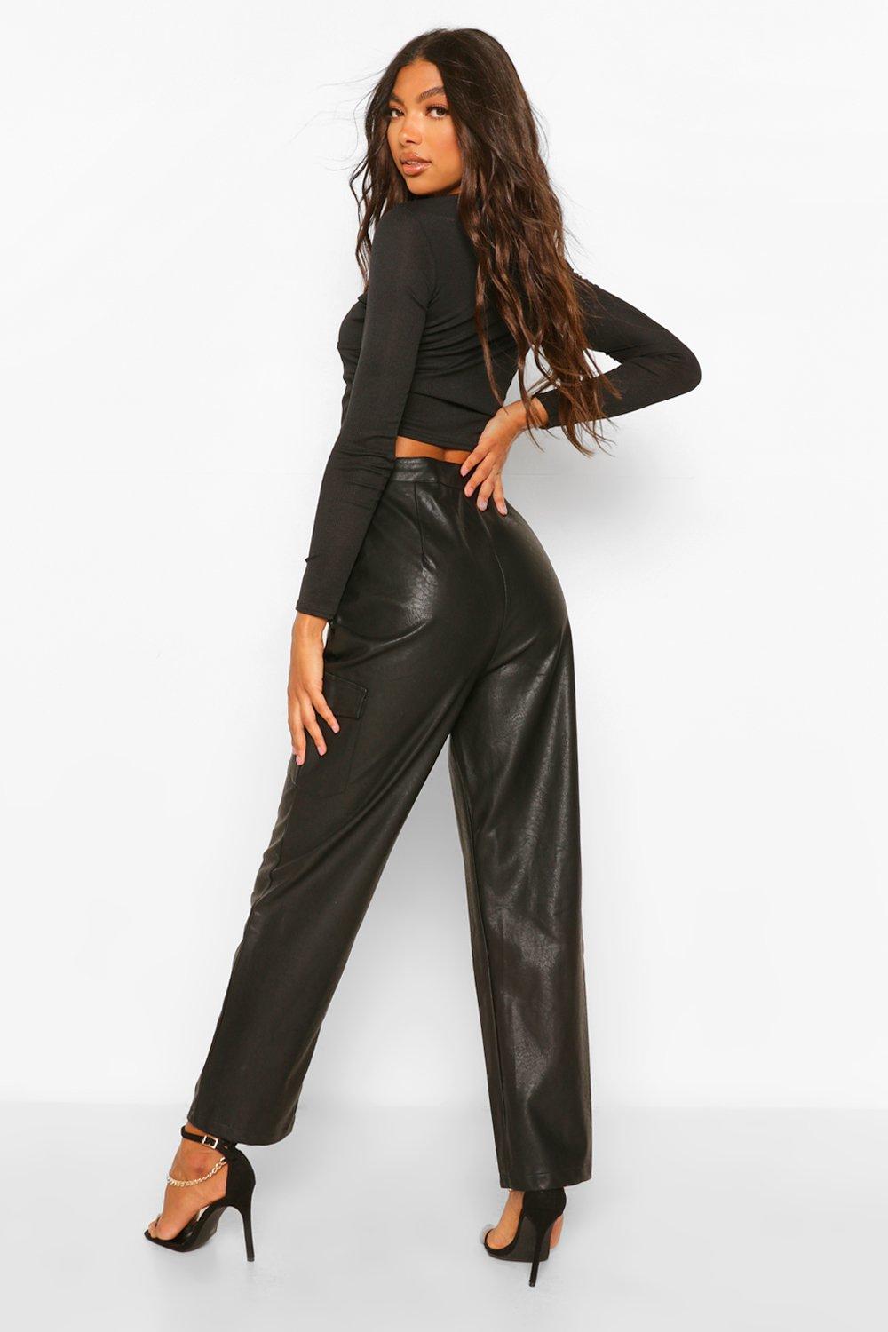 Missguided Petite slit front faux leather pants in black