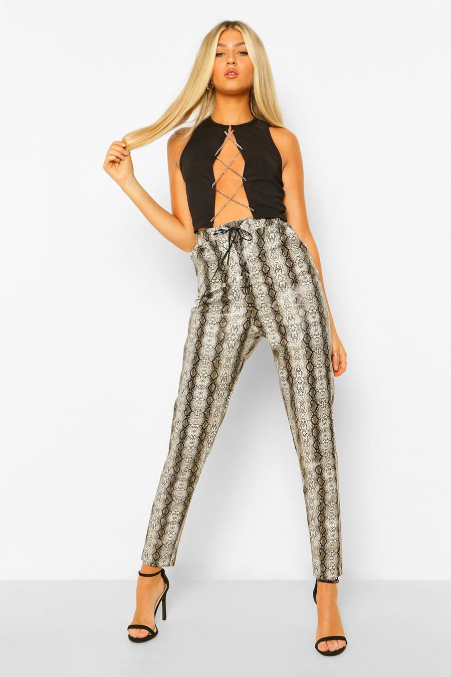Grey Tall Leather Look Snake Print Lace Up Skinny Pants image number 1